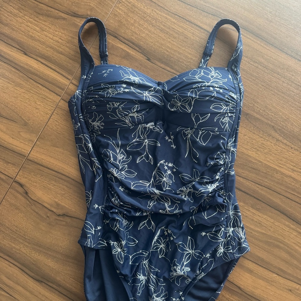 Navy Metallic Floral One-Piece Swimsuit with Sweetheart Top